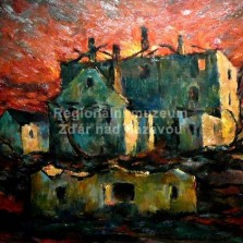 Obraz požáru Tvrze v roce 1945 (Josef Kosinka).