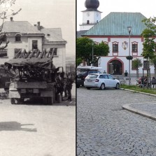 Náměstí v květnu 1945 a dnes. Foto: Vilém Frendl, Kamila Dvořáková