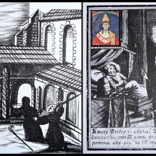 Sv. Prokop hrozí papeži (vpravo) a vyhání německého opata ze sázavského kláštera (vlevo)