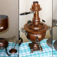 Měděná čajová souprava s lihovým vařičem, samovar z 19. stol. a secesní alpaková konvička na vaření čaje. Foto: Kamila Dvořáková