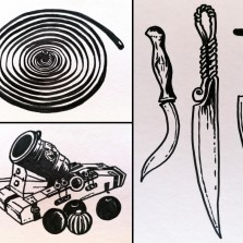 Ilustrace k panelům  - výrobky ze železa, nože, pružina, zbraně a munice (K. Dvořáková)