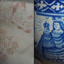 Detail koutní plachty z 18. století (Muzeum Velké Meziříčí) a koutního hrnce (Horácké muzeum Nové Město na Moravě). Foto: Kamila Dvořáková