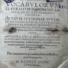 Čtyřjazyčný slovník, vydaný Danielem Adamem z Veleslavína - titulní list.