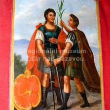 Svatí patroni cechu žďárských obuvníků na cechovním praporu. Foto: Kamila Dvořáková